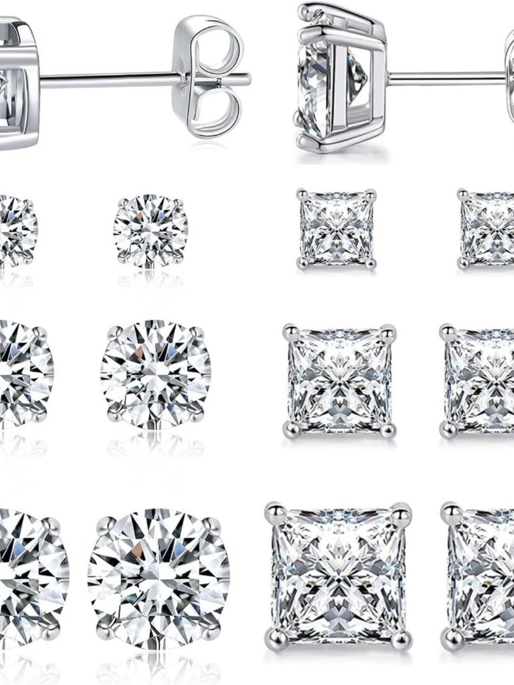 6 Pairs Stud Earrings Set 3mm/5mm/7mm Princess & Round Cubic Zirconia Earrings H